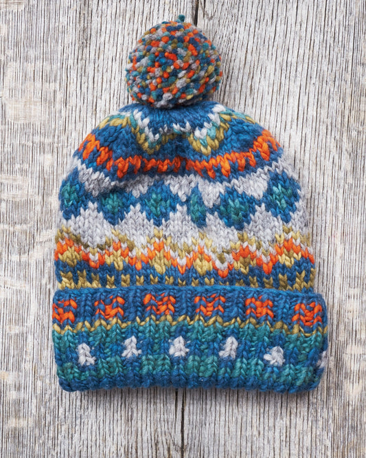 Chamula Double Cuff Wool Cap Fair Isle #3 Dk. Real Indigo