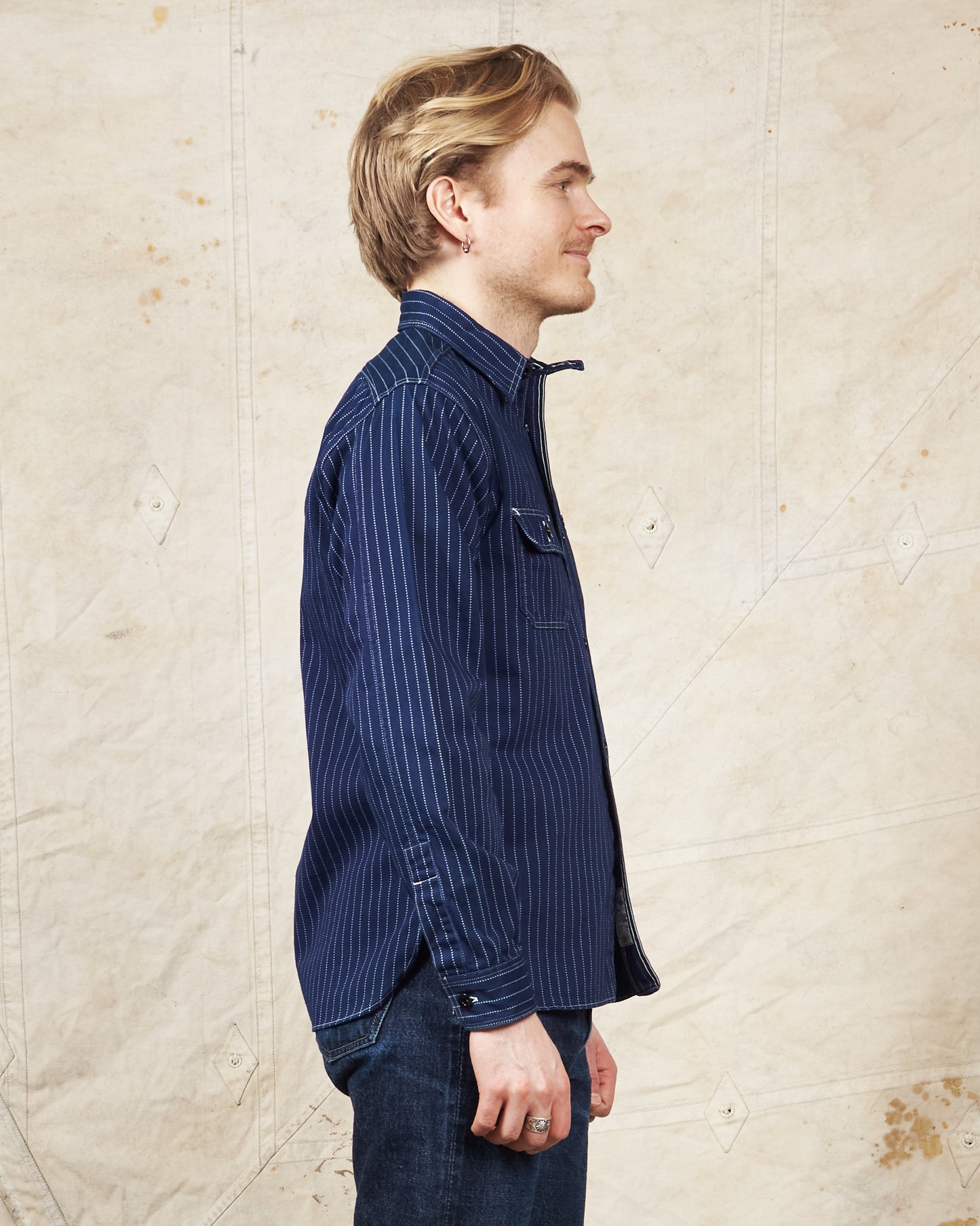 Sugar Cane & Co Fiction Romance 8.5oz. Indigo Wabash Stripe Work Shirt SC2555A1