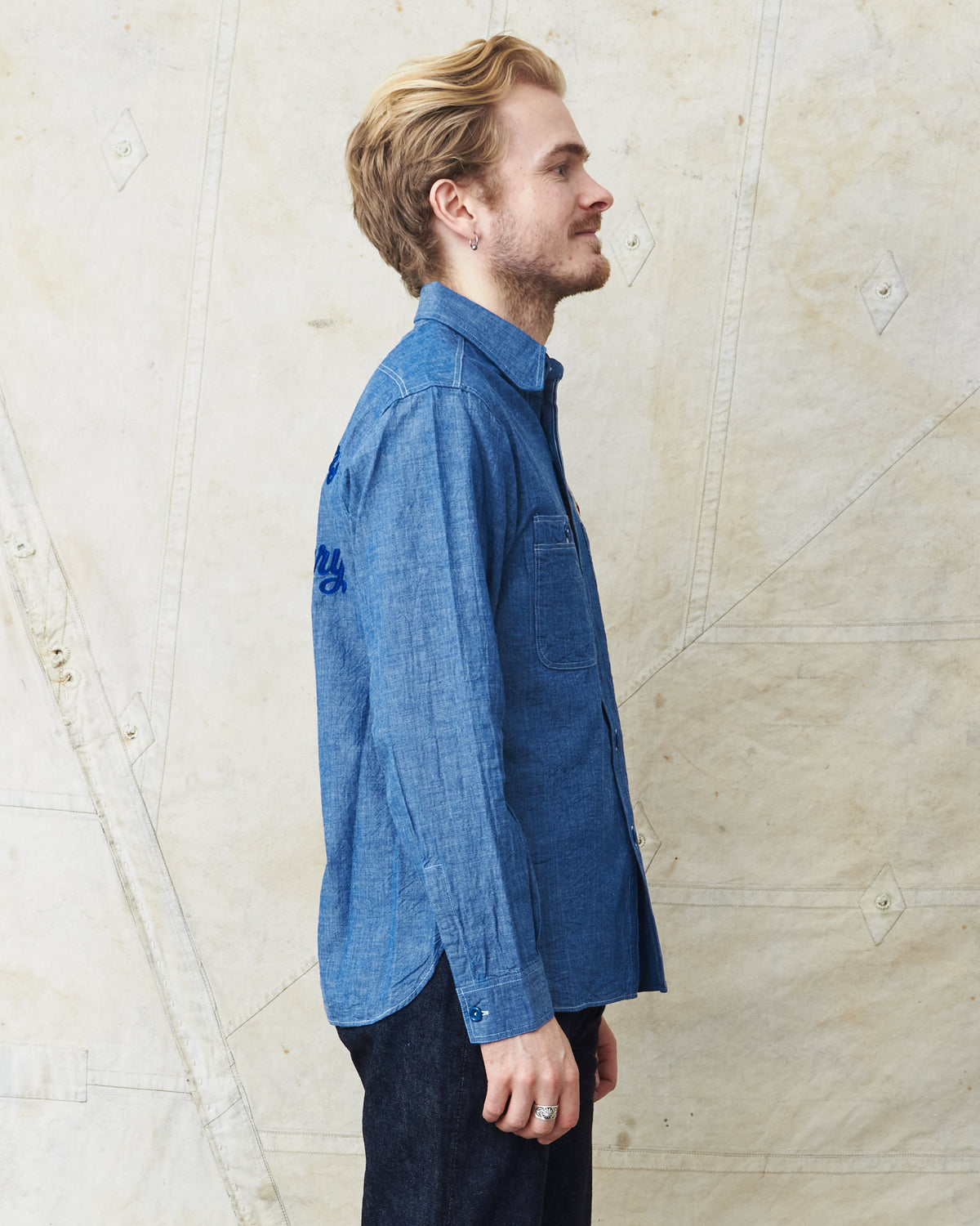 Buzz Rickson's Blue Chambray Work Shirt Blue 30th Anniversary With Embroidery BR29184