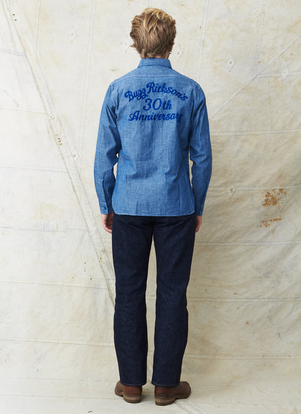 Buzz Rickson's Blue Chambray Work Shirt Blue 30th Anniversary With Embroidery BR29184