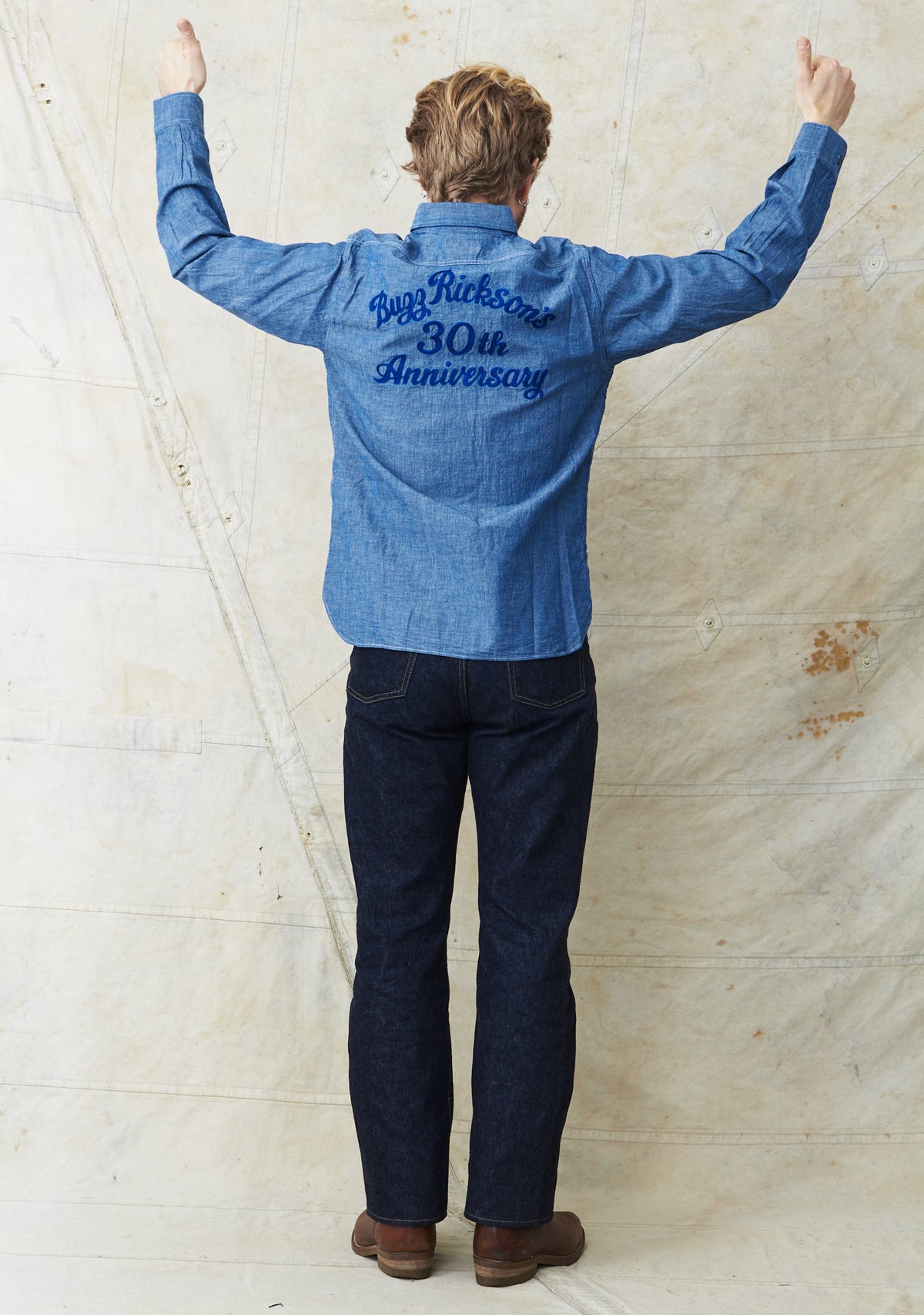 Buzz Rickson's Blue Chambray Work Shirt Blue 30th Anniversary With Embroidery BR29184