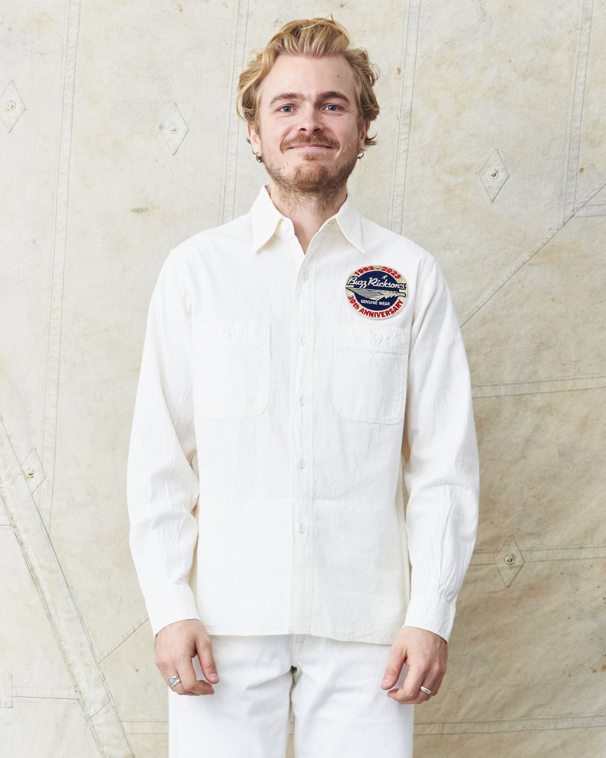 Buzz Rickson's White Chambray Work Shirt Blue 30th Anniversary With Embroidery BR29185