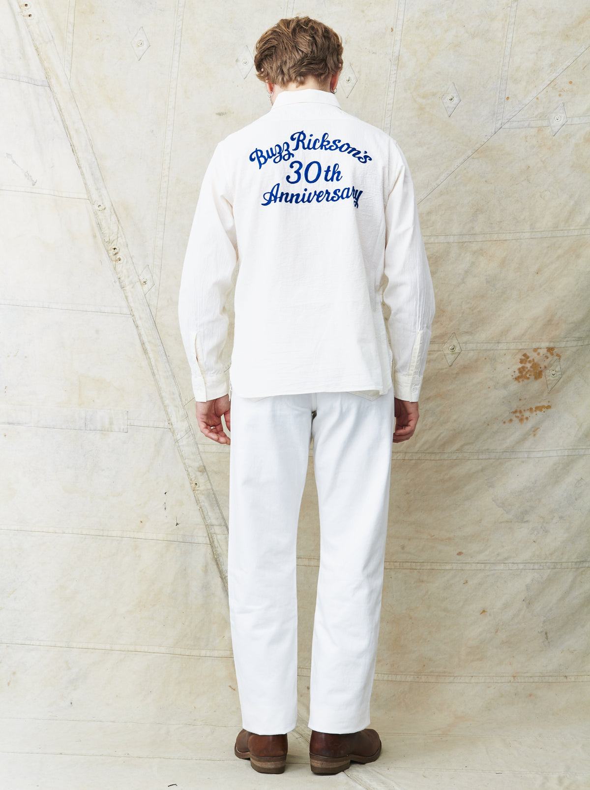 Buzz Rickson's White Chambray Work Shirt Blue 30th Anniversary With Embroidery BR29185