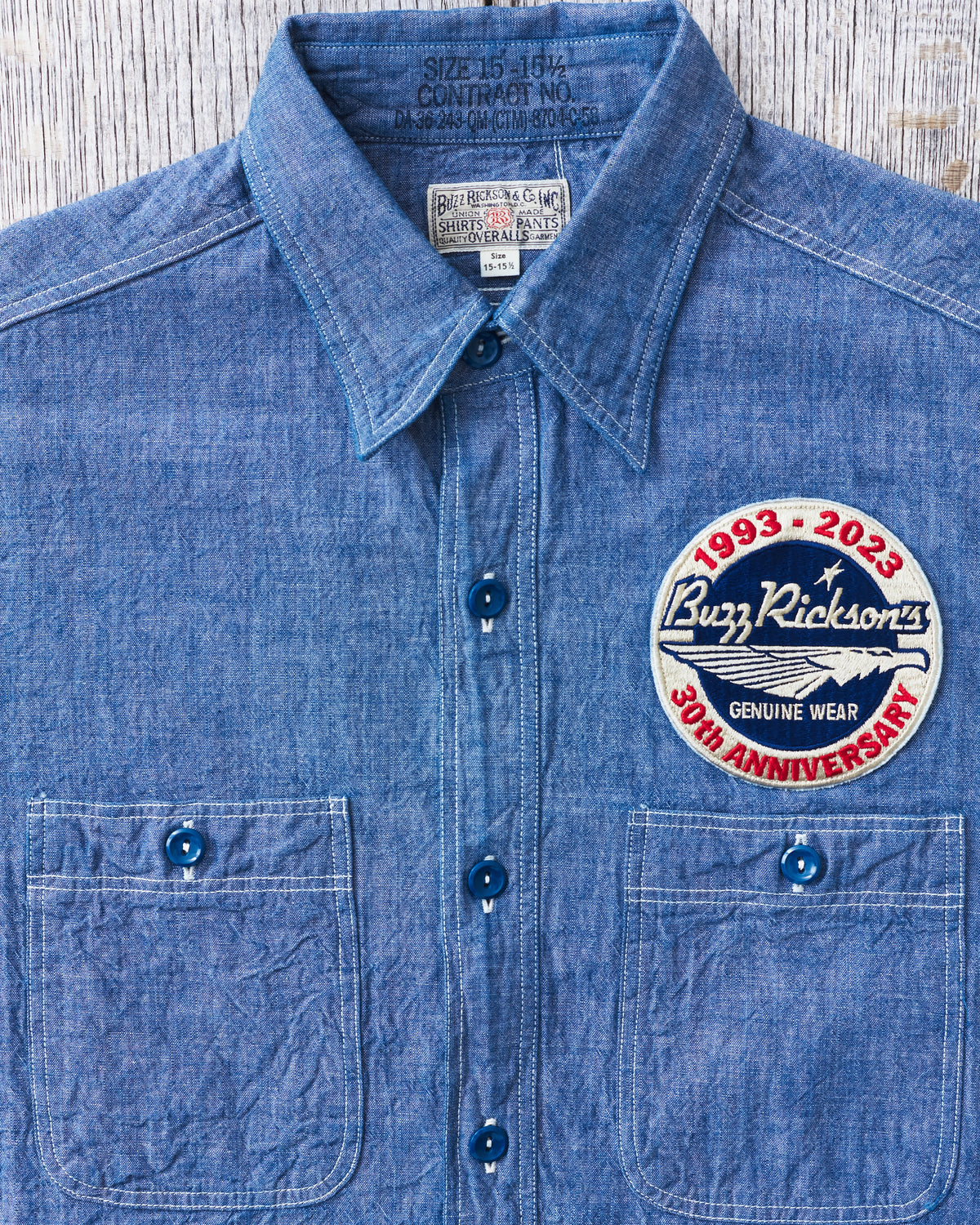 Buzz Rickson's Blue Chambray Work Shirt Blue 30th Anniversary With Embroidery BR29184