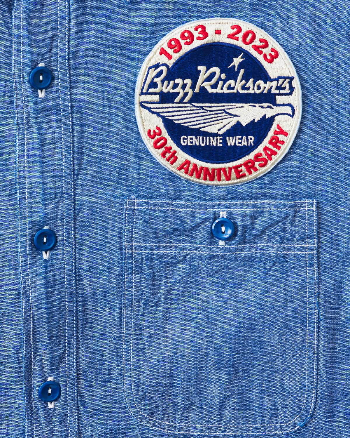 Buzz Rickson's Blue Chambray Work Shirt Blue 30th Anniversary With Embroidery BR29184