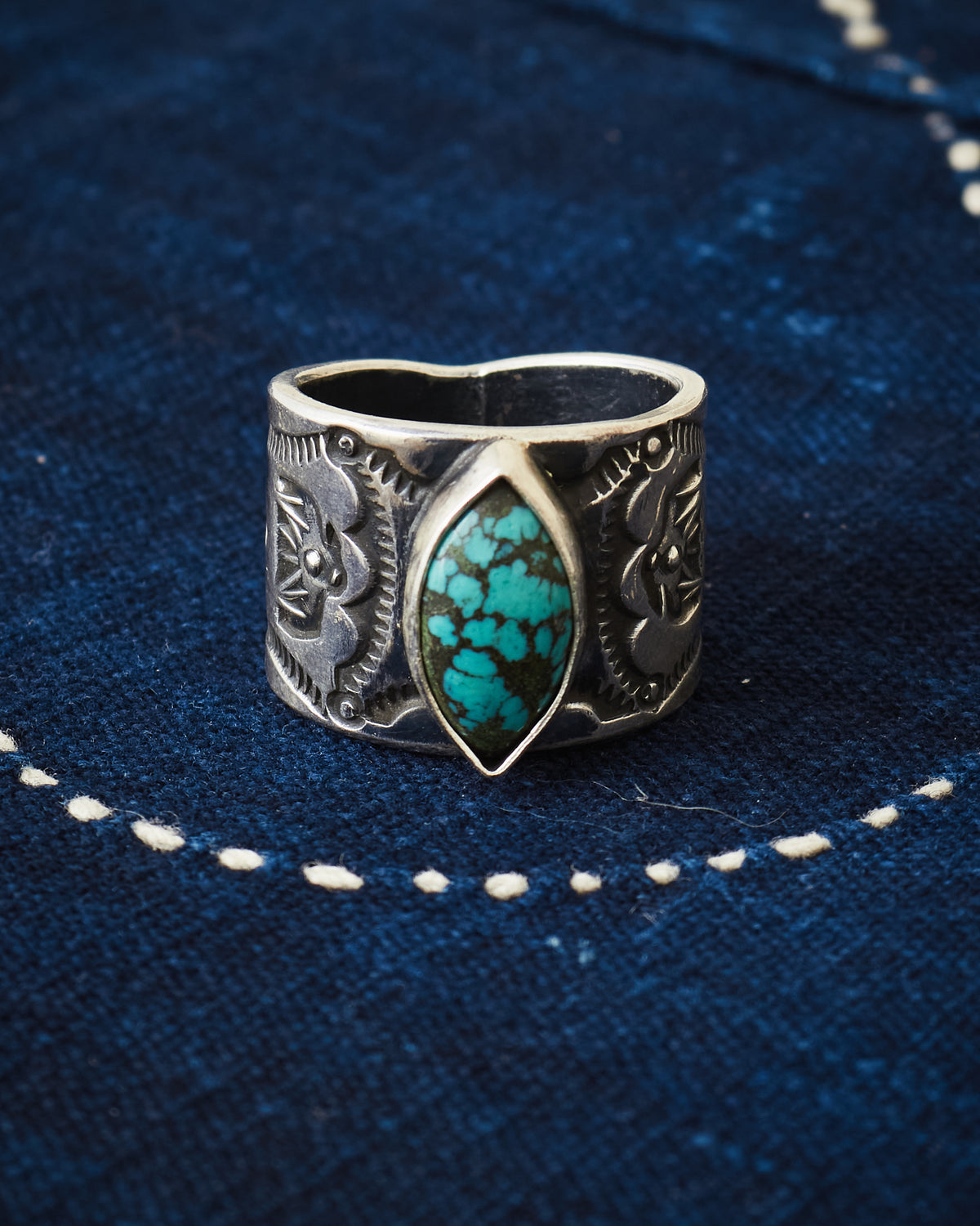 Tenable Crafts Silver Thunderbird & Turquoise Ring # 207 US Size 8