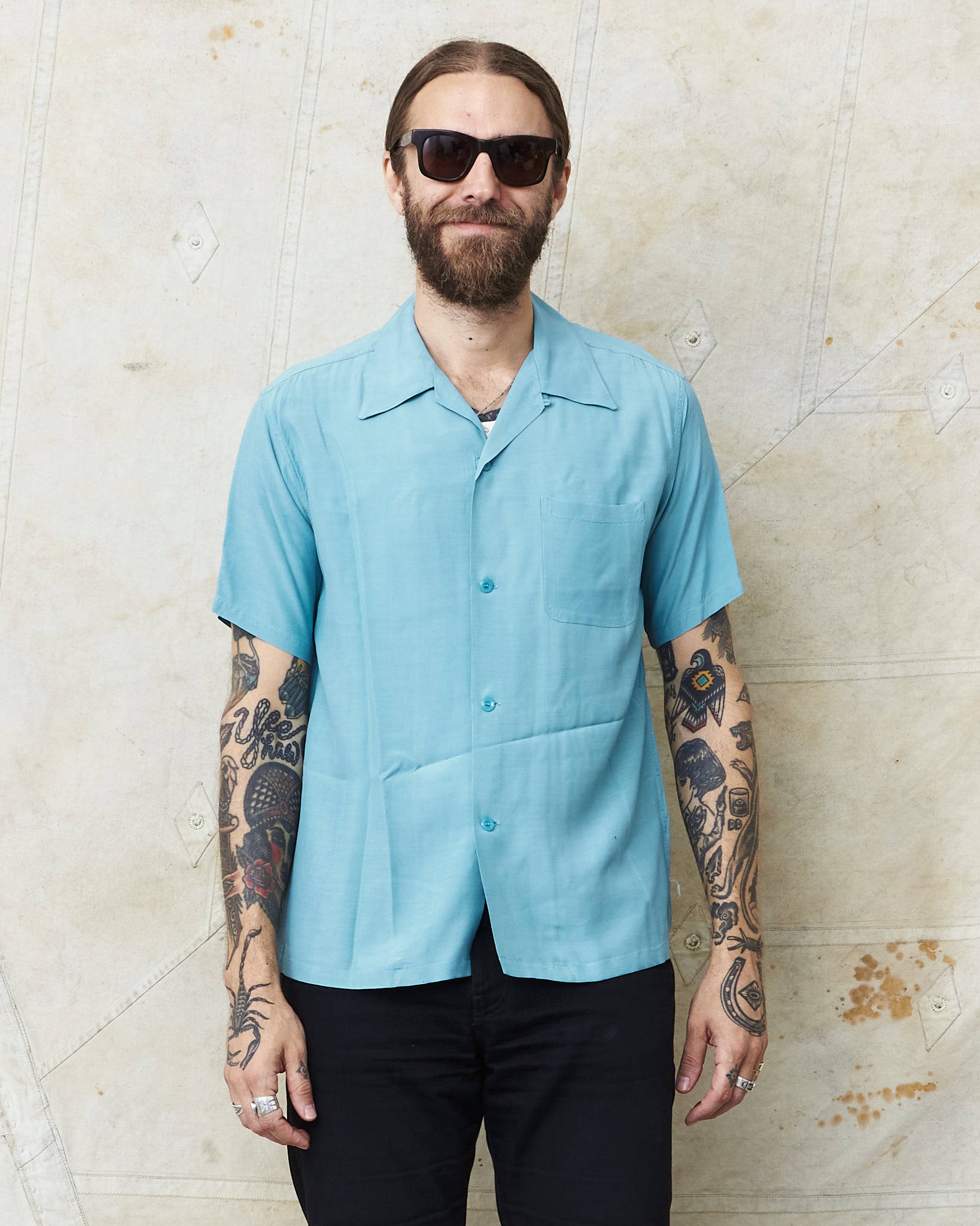 Style Eyes Short Sleeve Rayon Bowling Shirt Light Blue