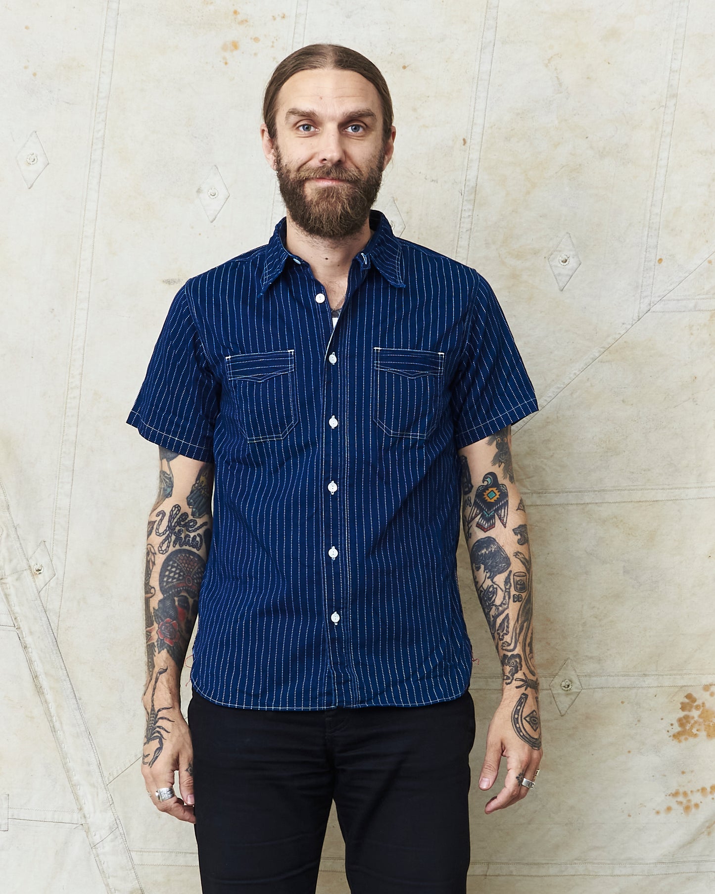 Sugar Cane & Co SC36267A Fiction Romance Blue Wabash Stripe Short Sleeve Work Shirt