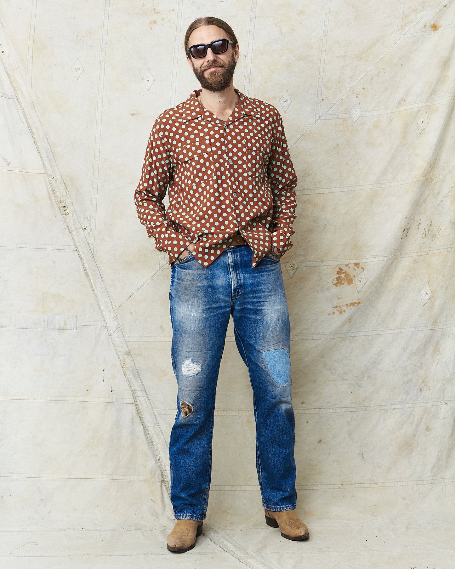 Star of Hollywood Rayon Long Sleeved Open Shirt "Polka Dot" Brown SH29315