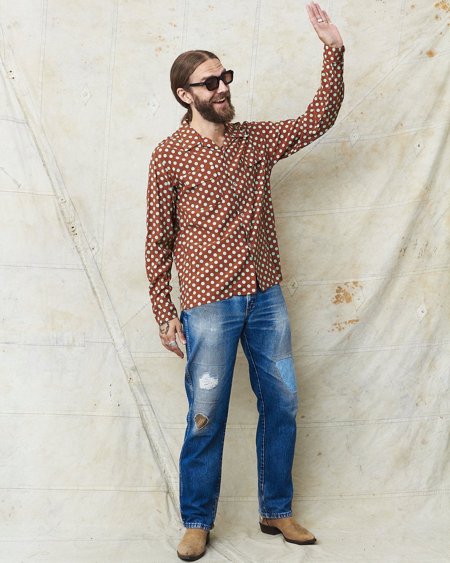 Star of Hollywood Rayon Long Sleeved Open Shirt "Polka Dot" Brown SH29315