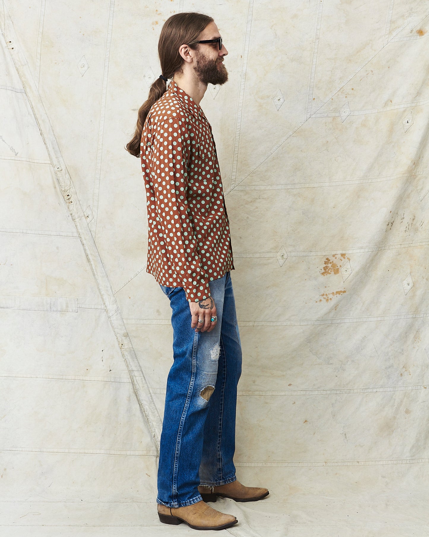 Star of Hollywood Rayon Long Sleeved Open Shirt "Polka Dot" Brown SH29315