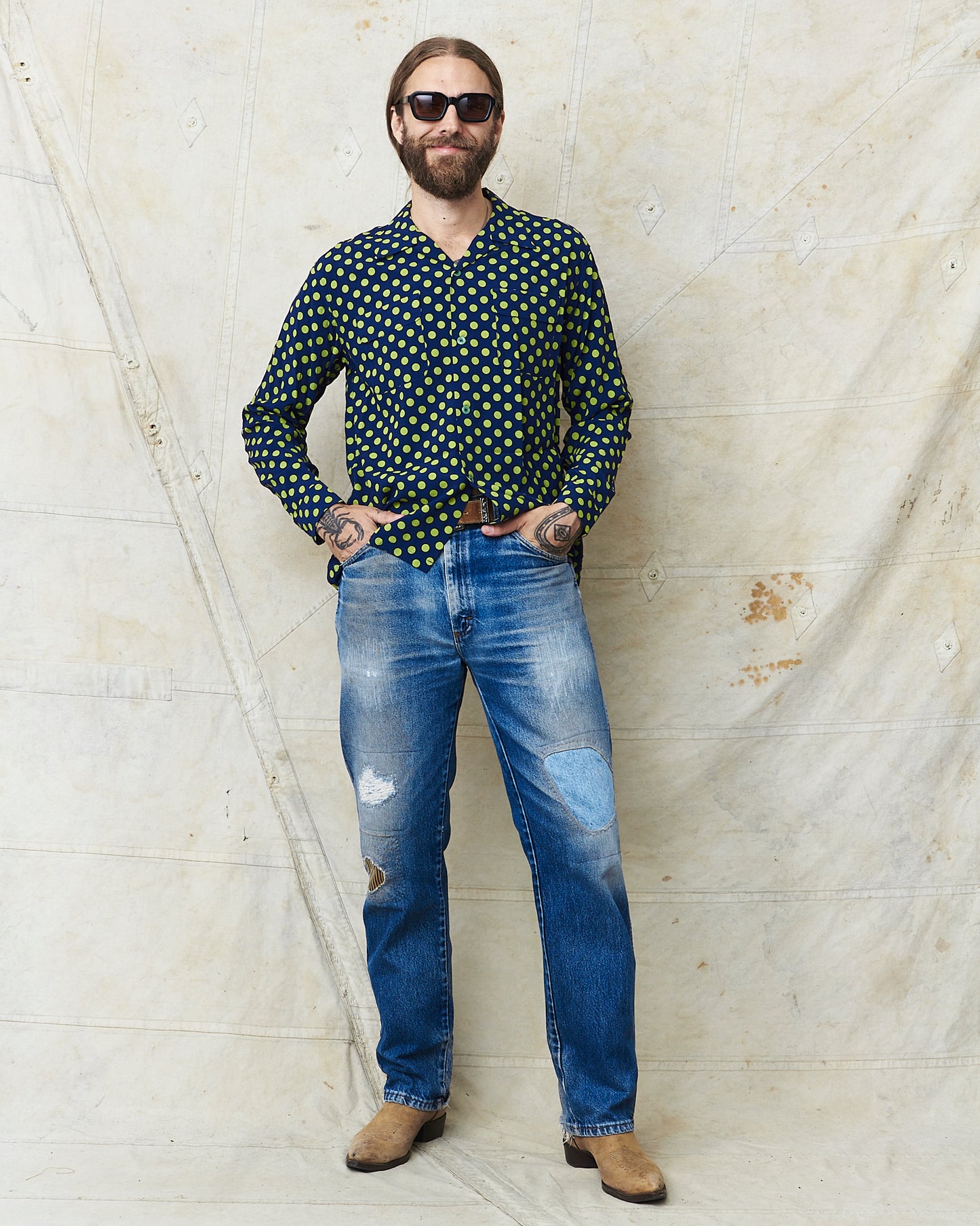 Star of Hollywood Rayon Long Sleeved Open Shirt "Polka Dot" Navy SH29315