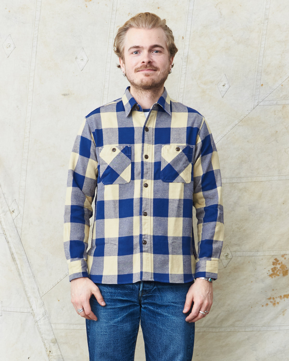 Sugar Cane & Co Twill Check Work Shirt Beige/Navy SC29147