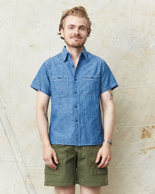 Buzz Rickson's USN Short Sleeve Chambray Shirt Blue BR35856