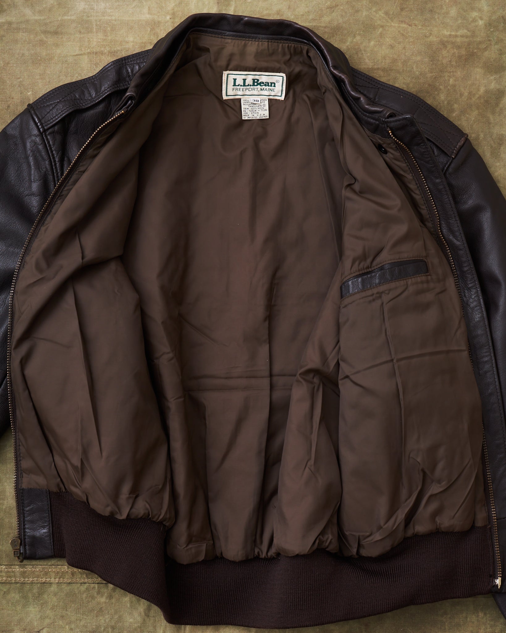Veste Aviateur Vintage L.L. BEAN A-2 US ARMY En Cuir Marron, Taille XL US (2XL FR)