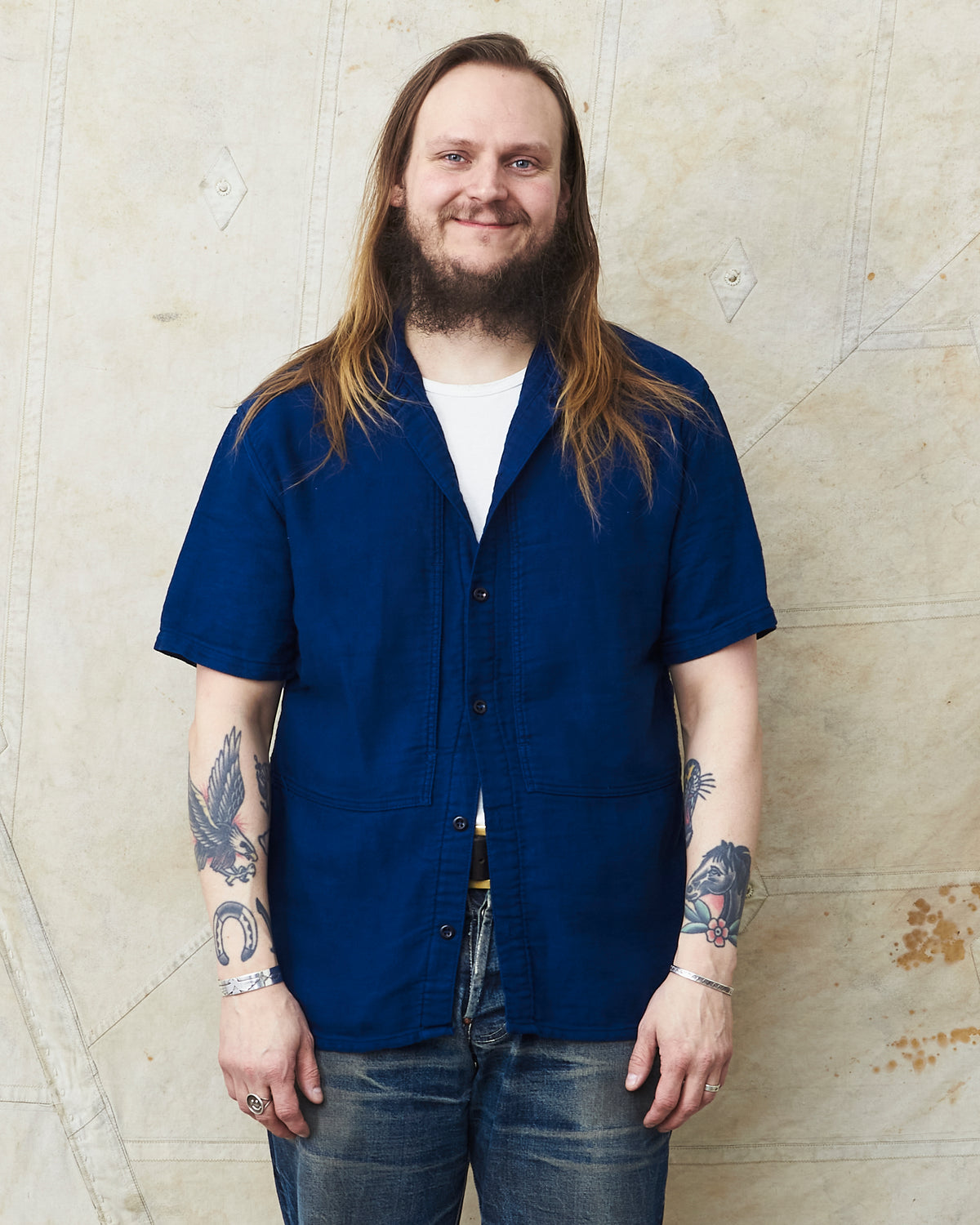 Tender 479 Short Sleeve Square Tail Yoke Pocket Shirt Cotton Sateen Achilles Heel Indigo