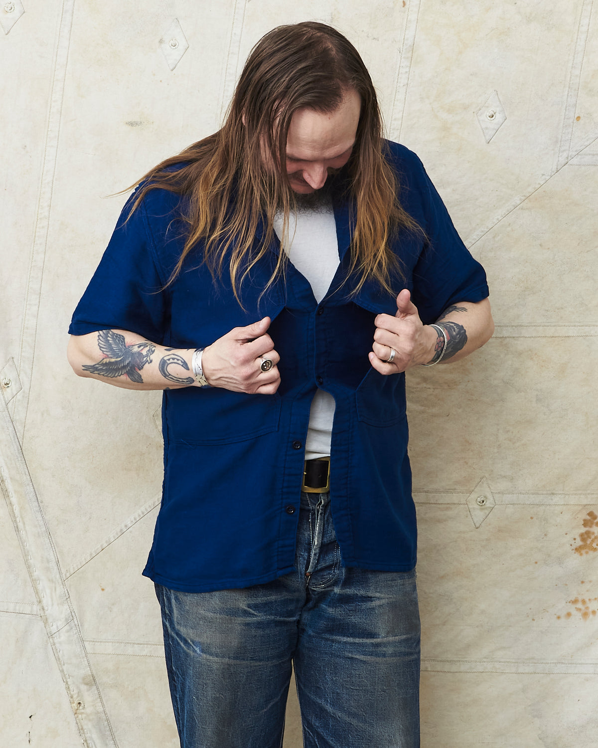 Tender 479 Short Sleeve Square Tail Yoke Pocket Shirt Cotton Sateen Achilles Heel Indigo