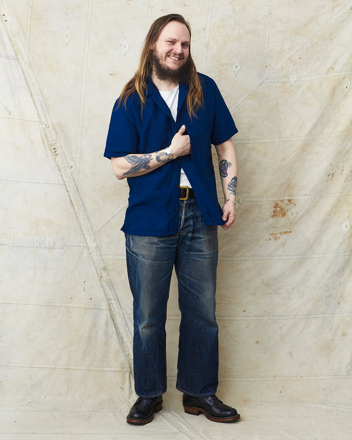 Tender 479 Short Sleeve Square Tail Yoke Pocket Shirt Cotton Sateen Achilles Heel Indigo