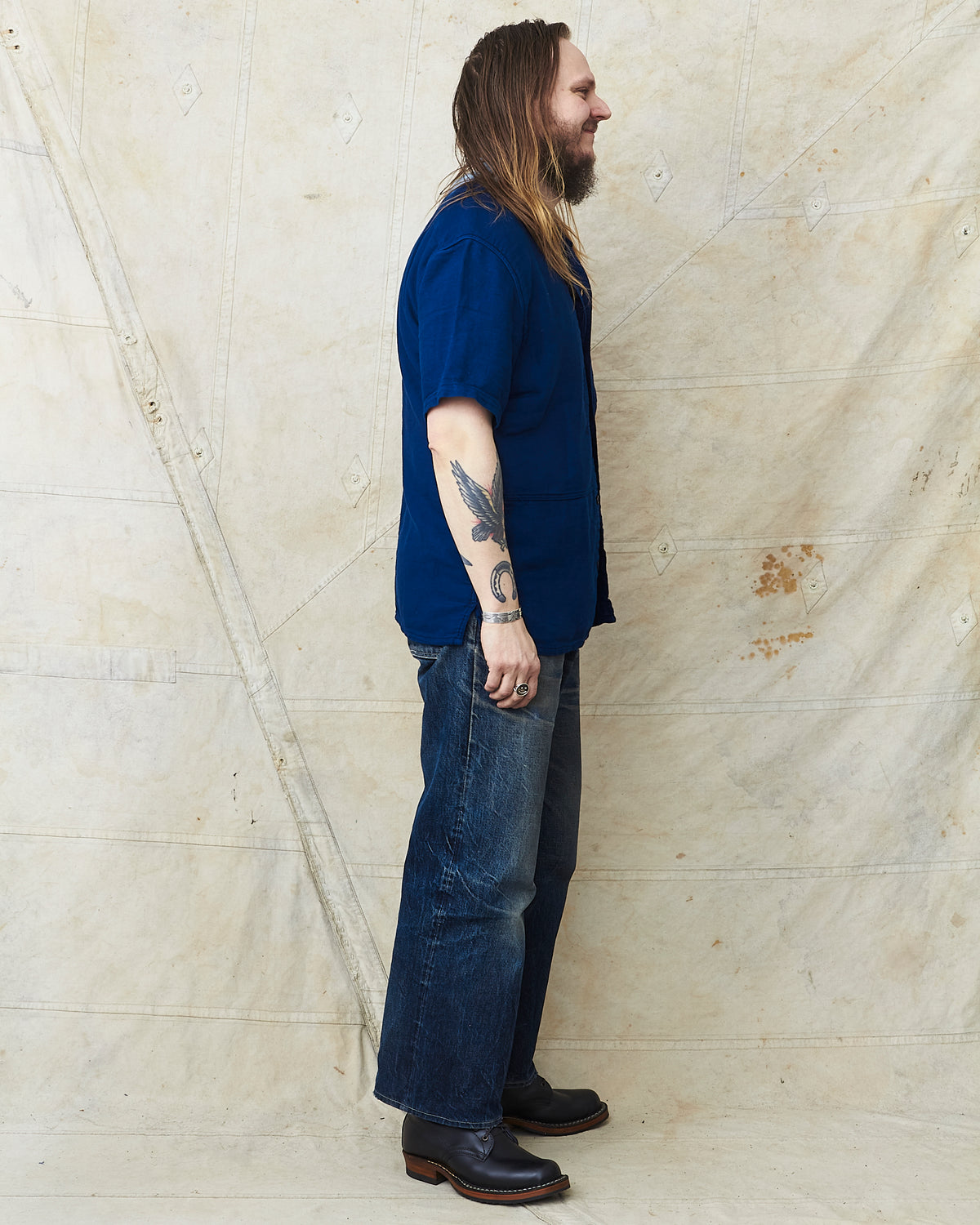 Tender 479 Short Sleeve Square Tail Yoke Pocket Shirt Cotton Sateen Achilles Heel Indigo