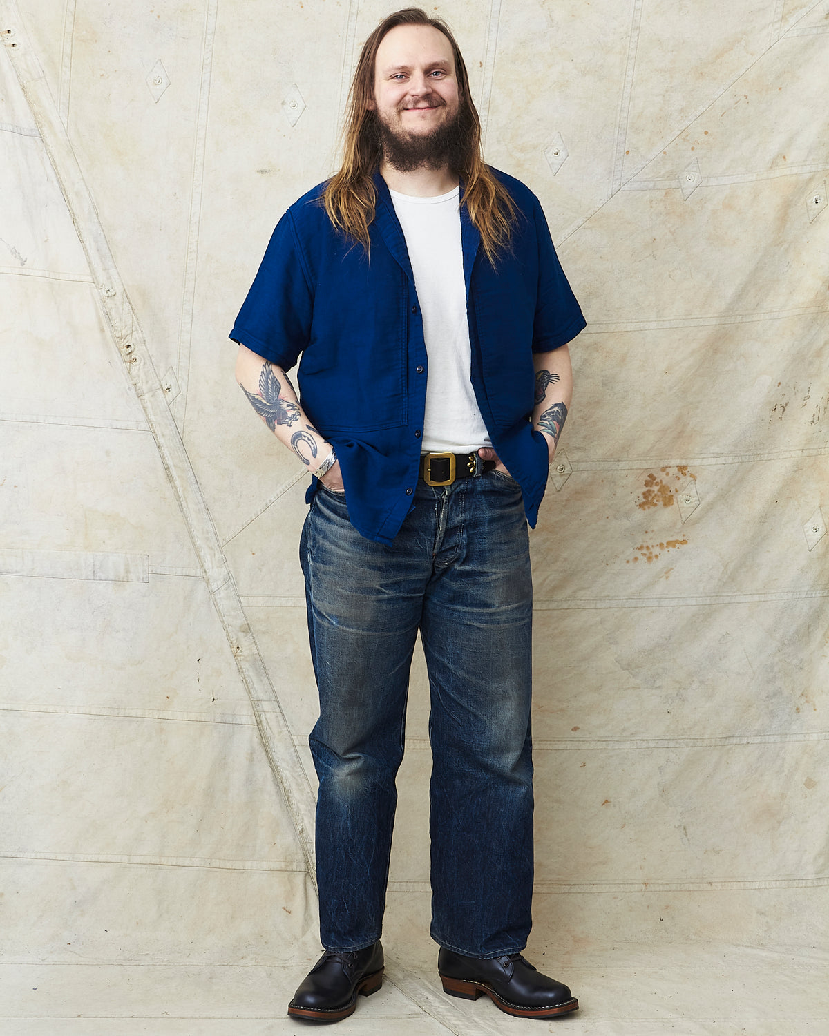 Tender 479 Short Sleeve Square Tail Yoke Pocket Shirt Cotton Sateen Achilles Heel Indigo