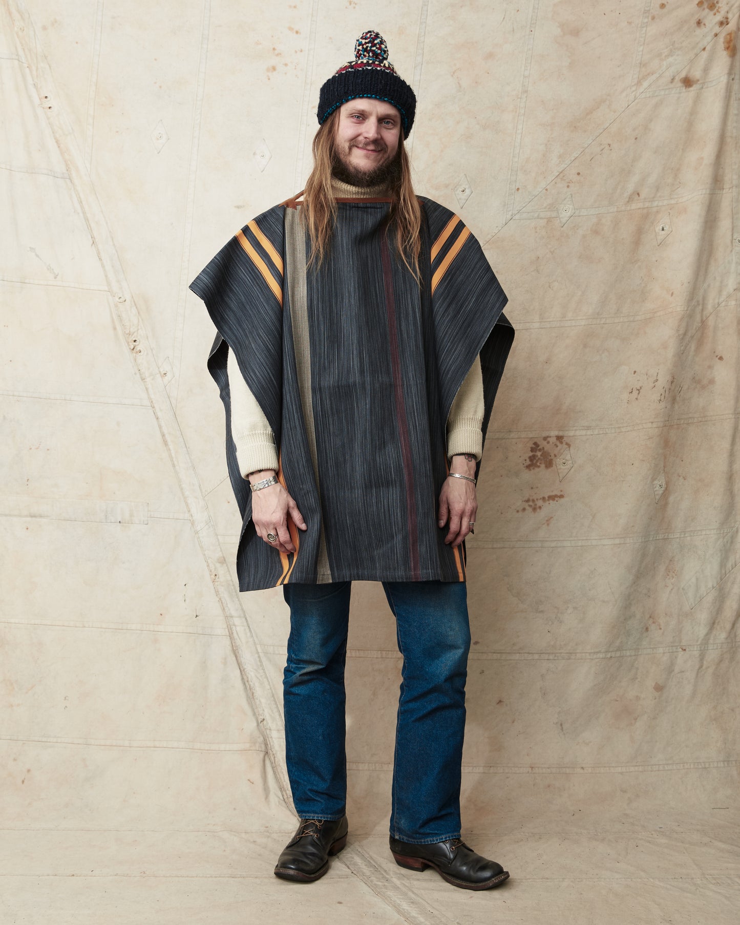 Indigofera Poncho Japanese Cotton/Wool Grey/Orange/Wine