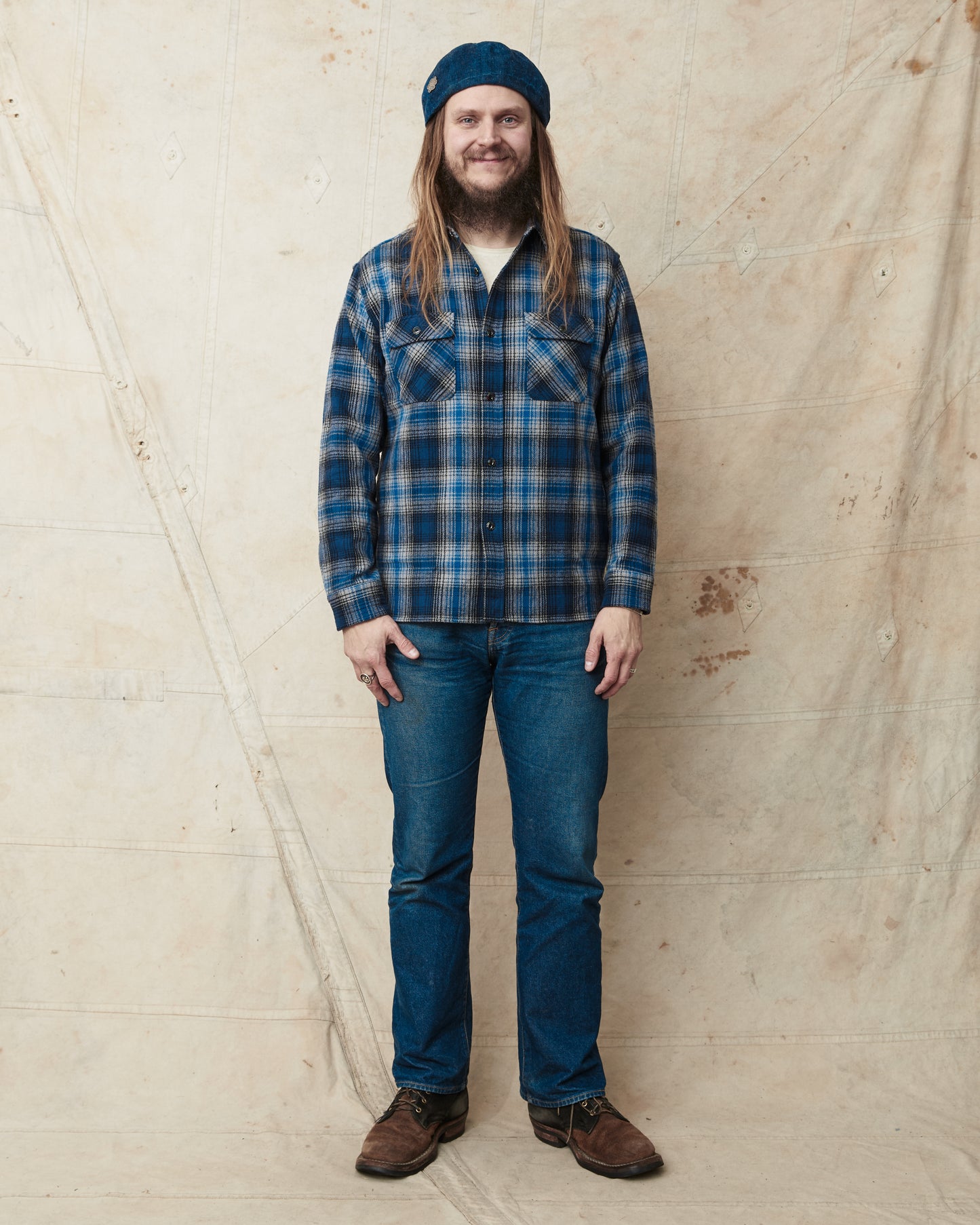 Sugar Cane & Co. SC29584 Fiction Romance Herringbone Twill Check Work Flanell Shirt Navy