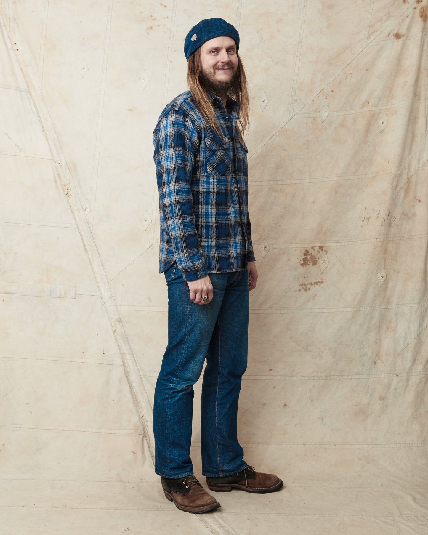 Sugar Cane & Co. SC29584 Fiction Romance Herringbone Twill Check Work Flanell Shirt Navy