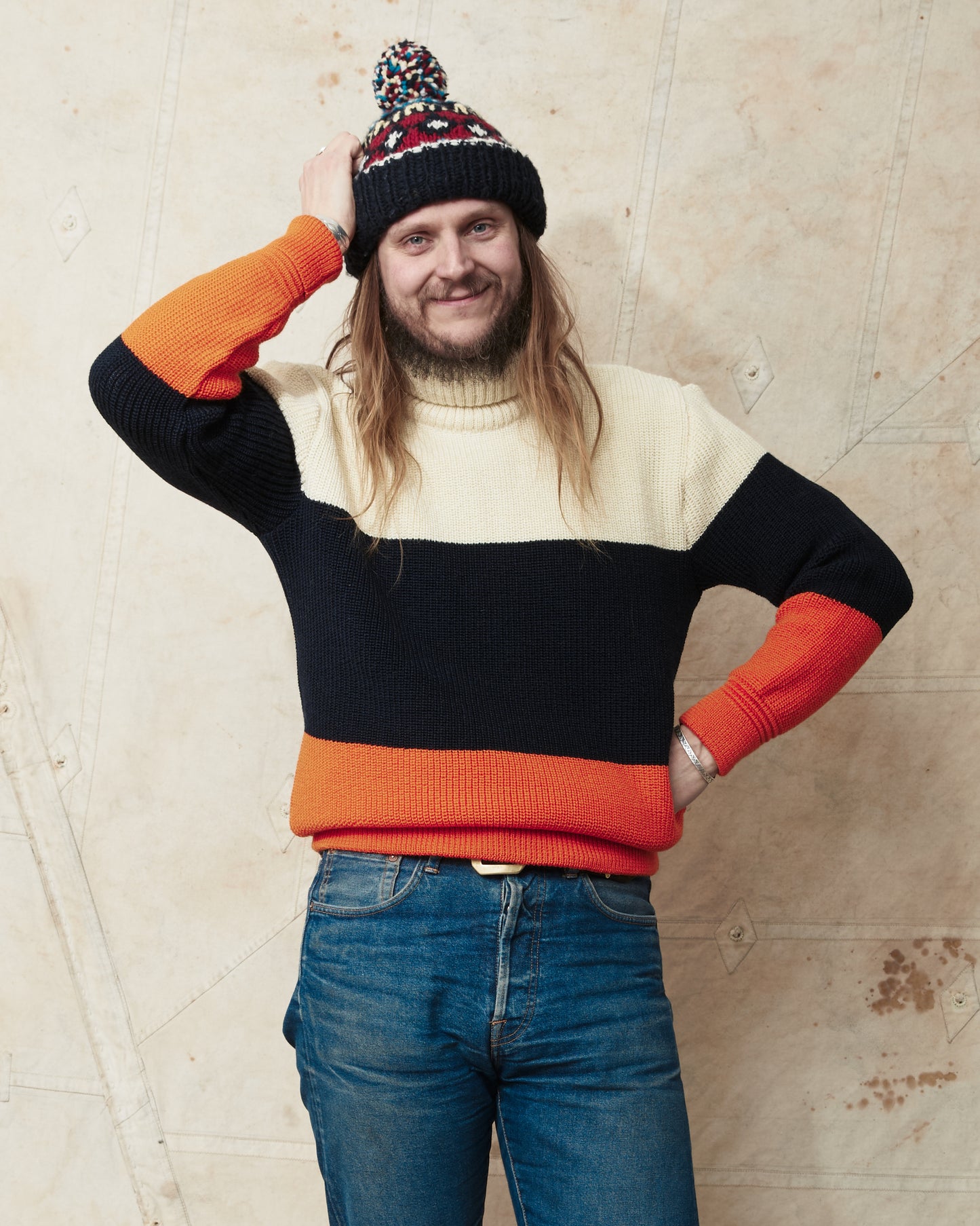 Heimat Signal Rollneck Wool Sweater Seashell / Ink / Rescue Orange