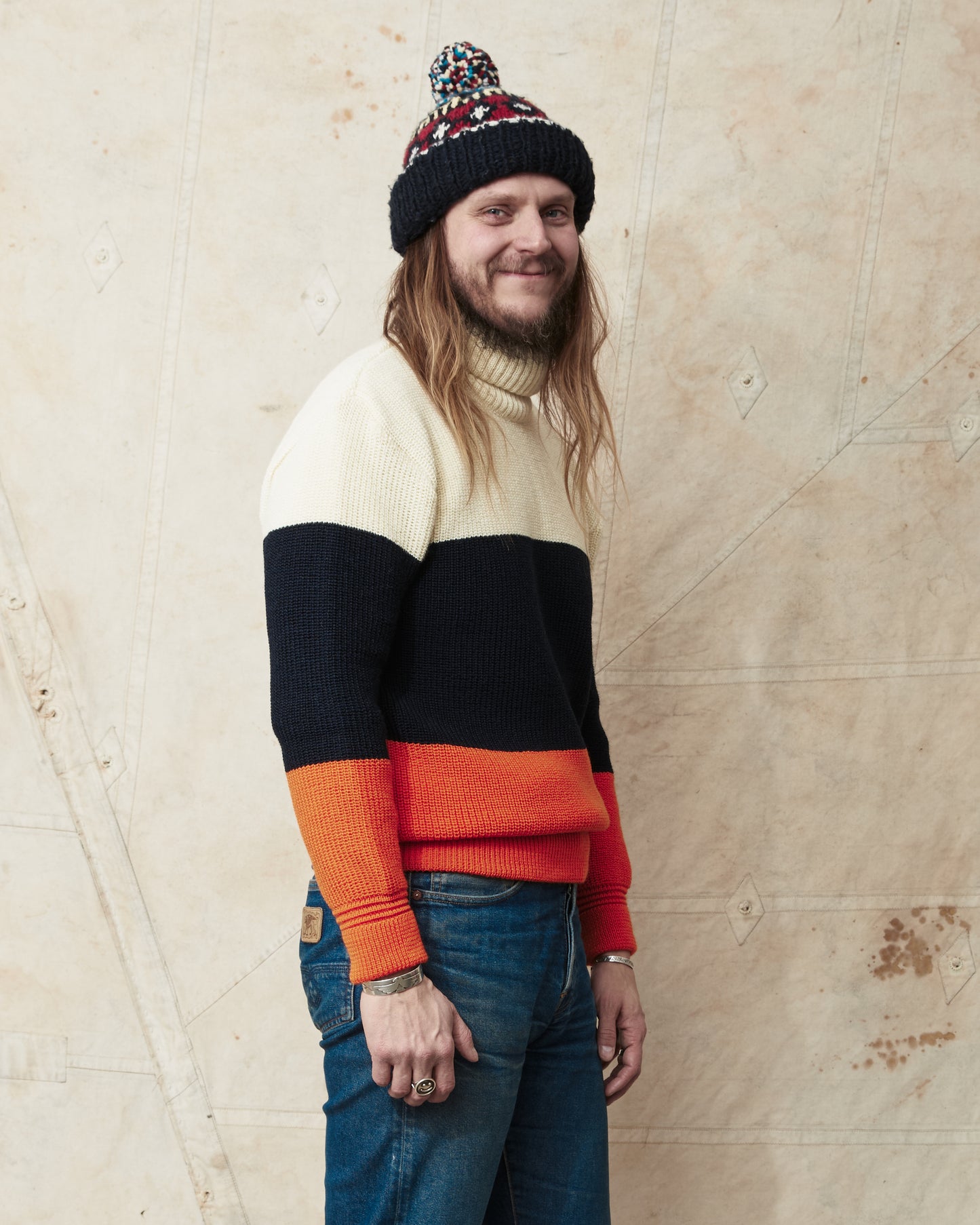 Heimat Signal Rollneck Wool Sweater Seashell / Ink / Rescue Orange