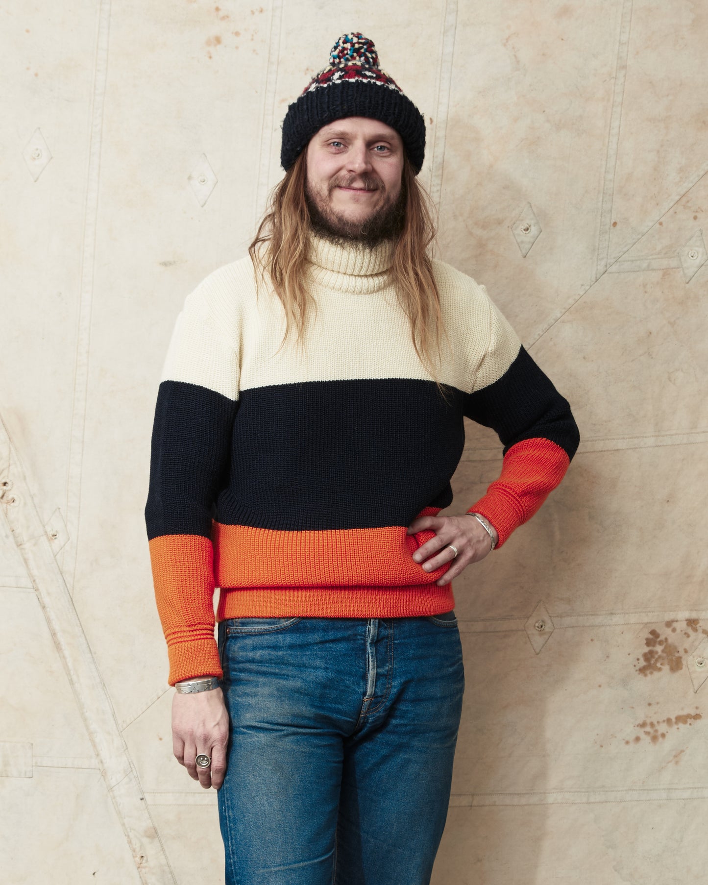 Heimat Signal Rollneck Wool Sweater Seashell / Ink / Rescue Orange