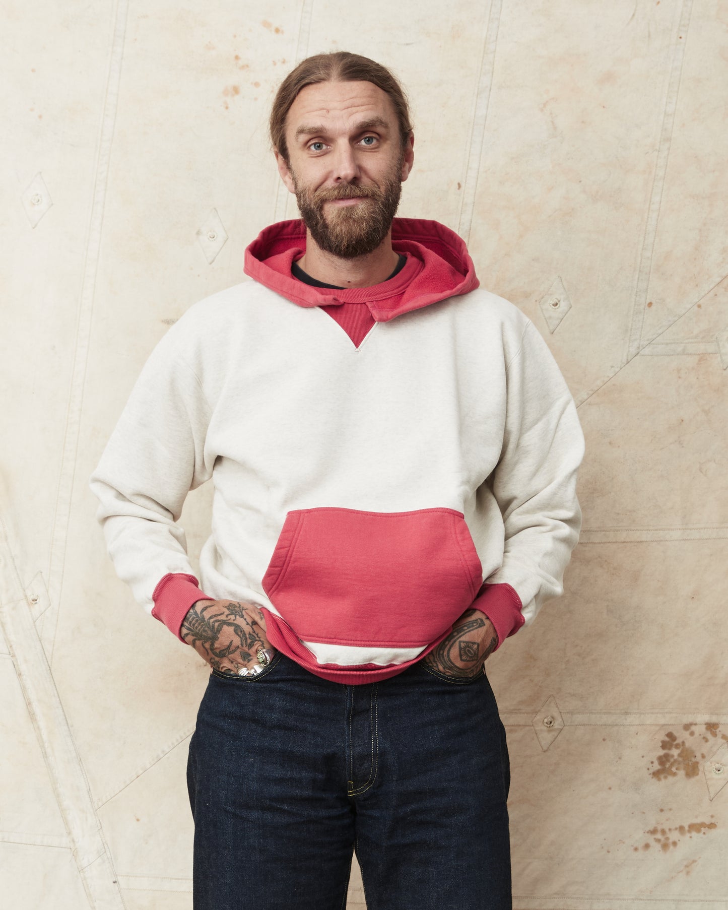 Whitesville WV69642 Two Tone Attached Hood Sweatshirt Oatmeal / Red