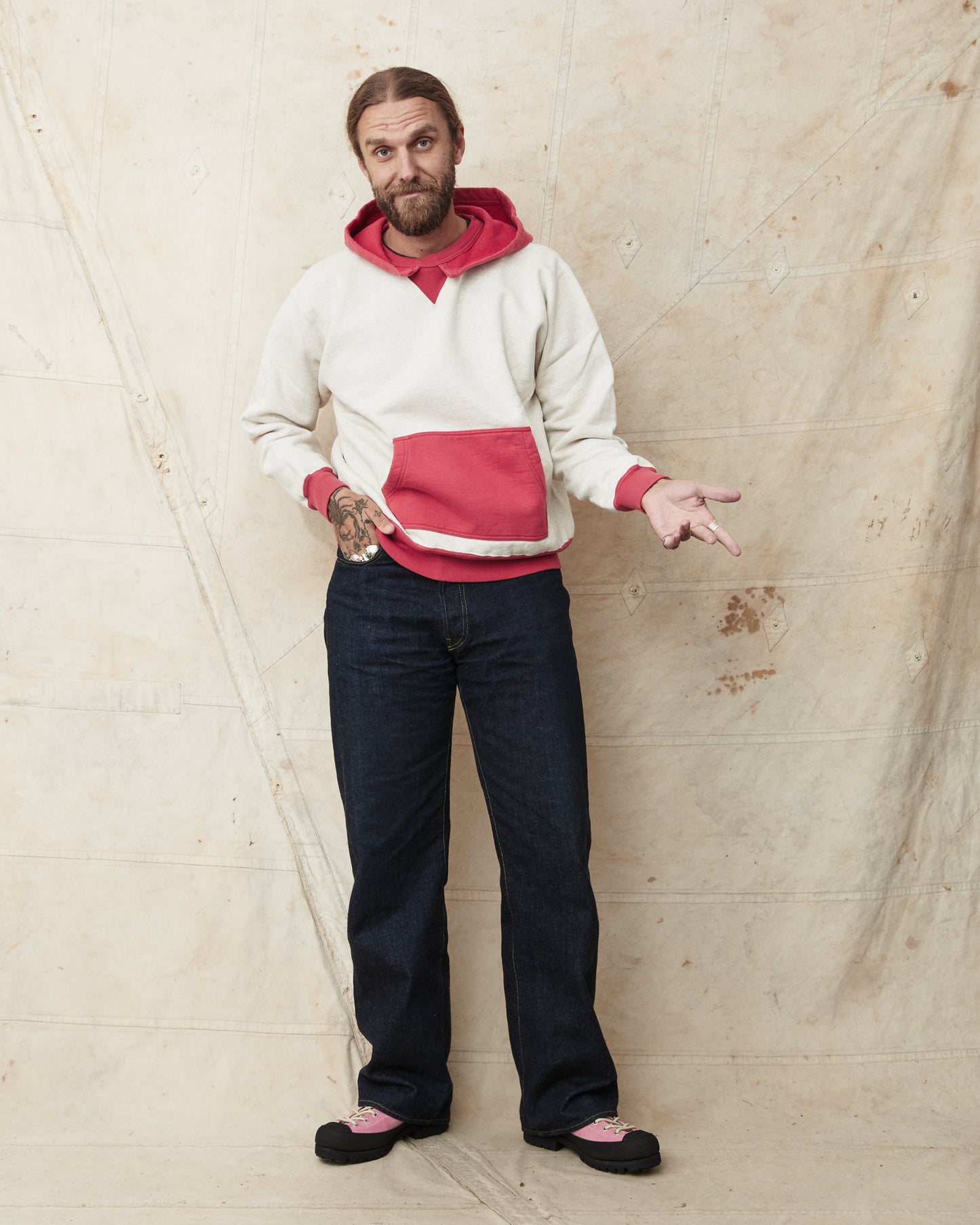 Whitesville WV69642 Two Tone Attached Hood Sweatshirt Oatmeal / Red