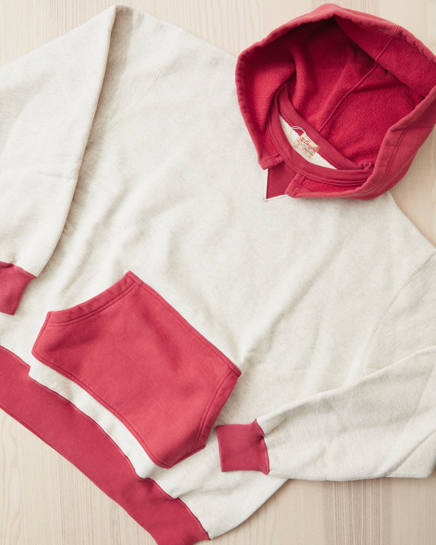 Whitesville WV69642 Two Tone Attached Hood Sweatshirt Oatmeal / Red