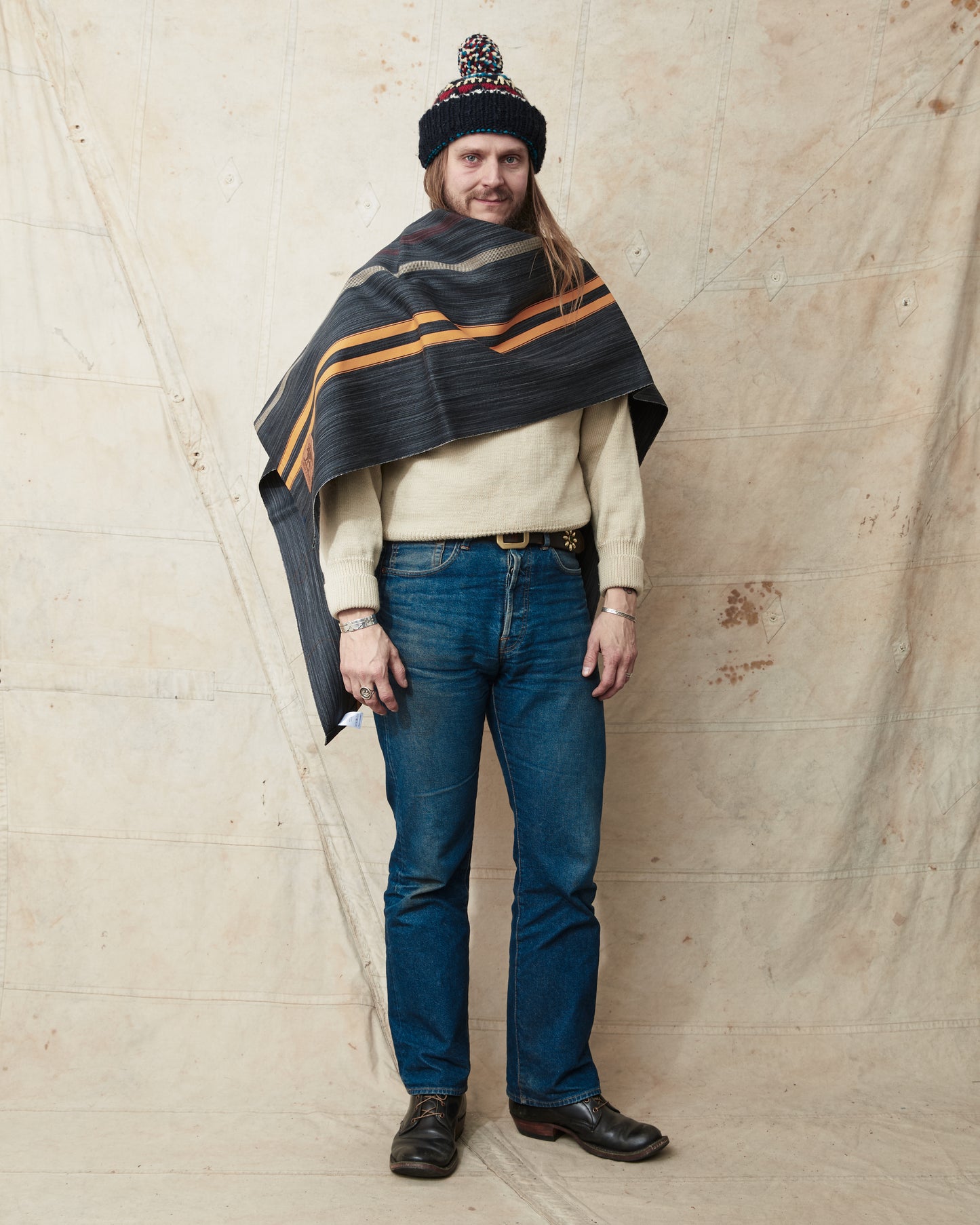 Indigofera Poncho Japanese Cotton/Wool Grey/Orange/Wine