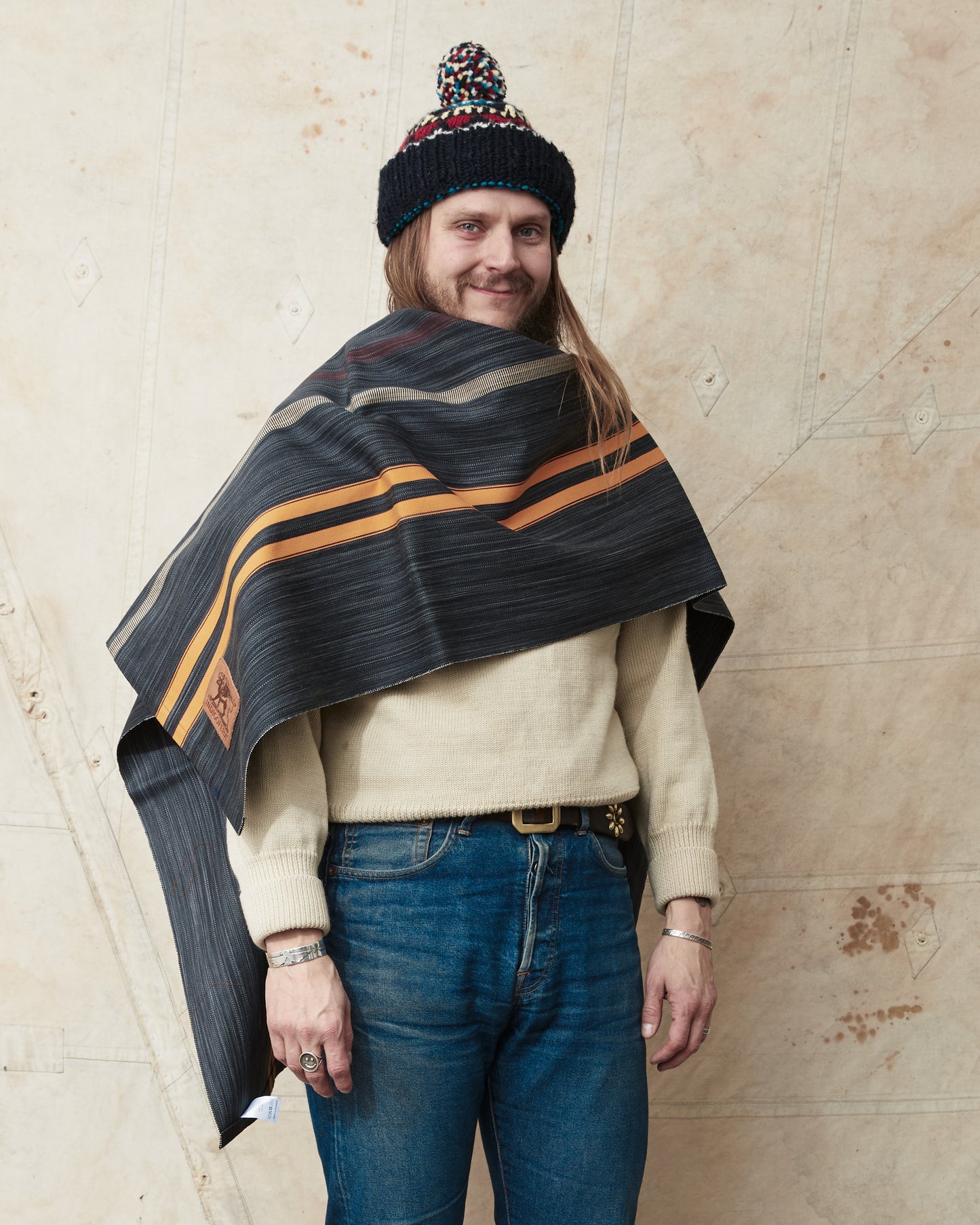 Indigofera Poncho Japanese Cotton/Wool Grey/Orange/Wine