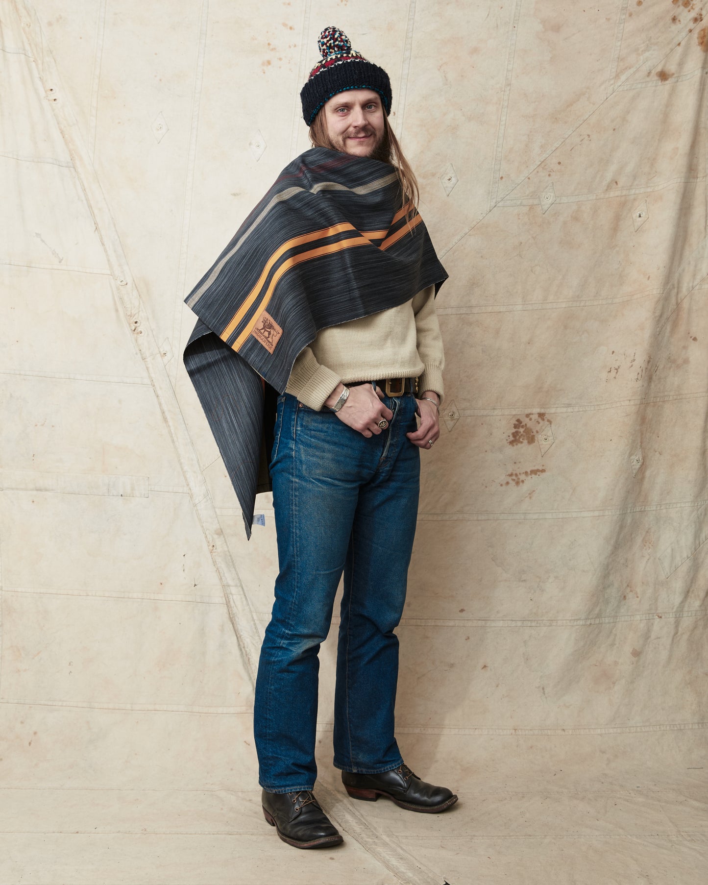 Indigofera Poncho Japanese Cotton/Wool Grey/Orange/Wine