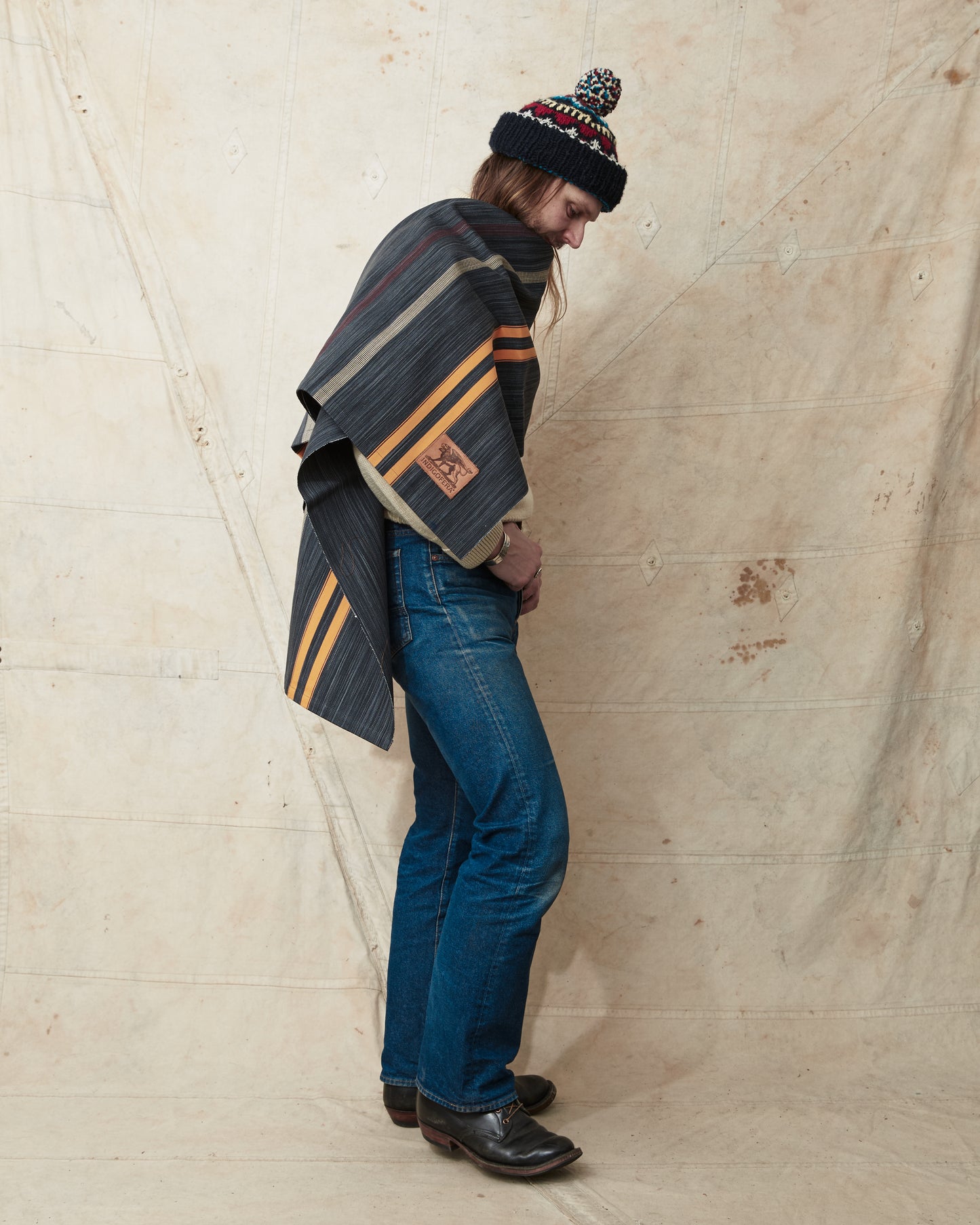 Indigofera Poncho Japanese Cotton/Wool Grey/Orange/Wine