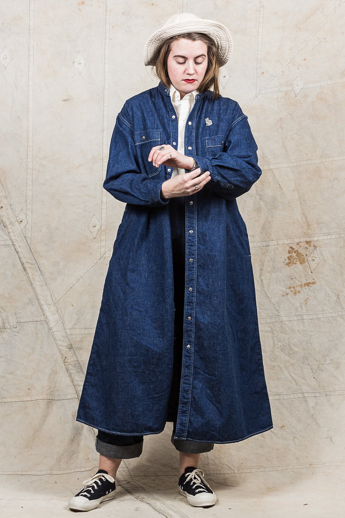 OrSlow Stand Collar Denim Shirt Dress