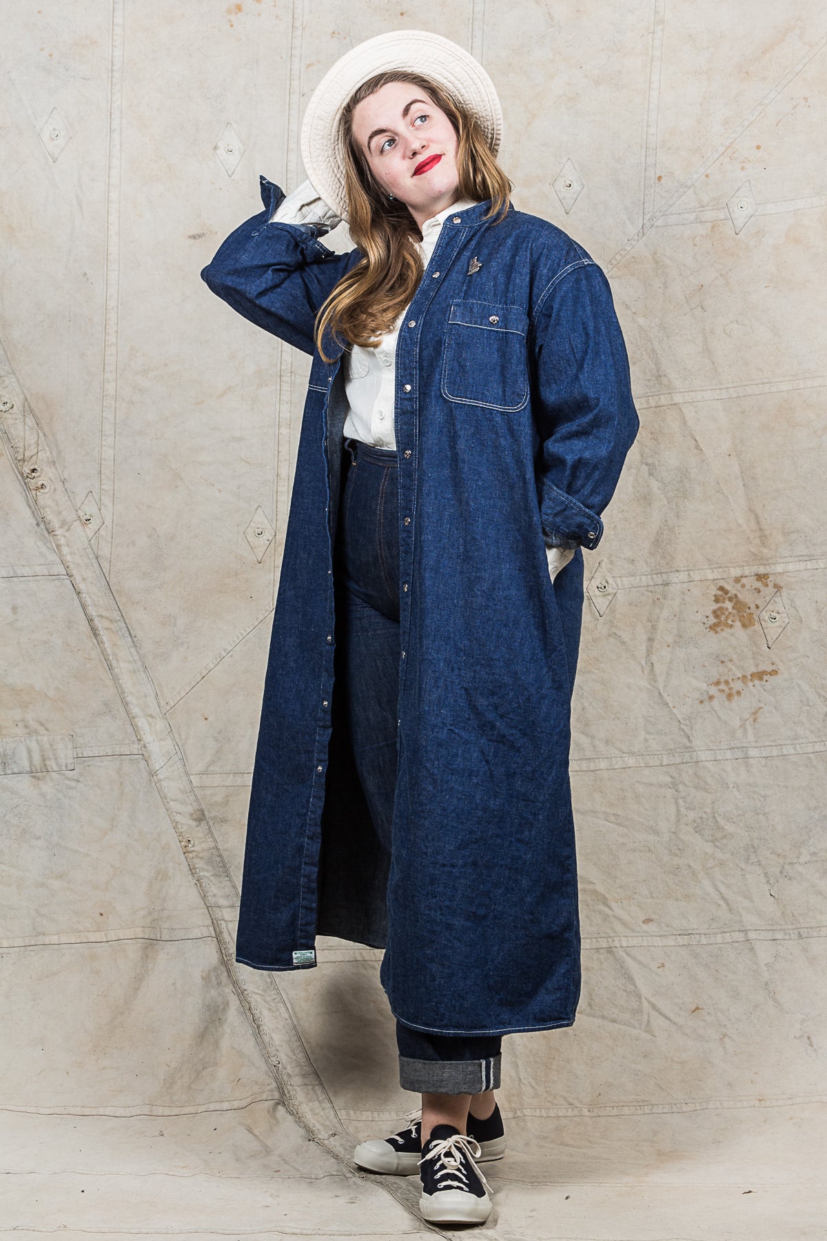 OrSlow Stand Collar Denim Shirt Dress