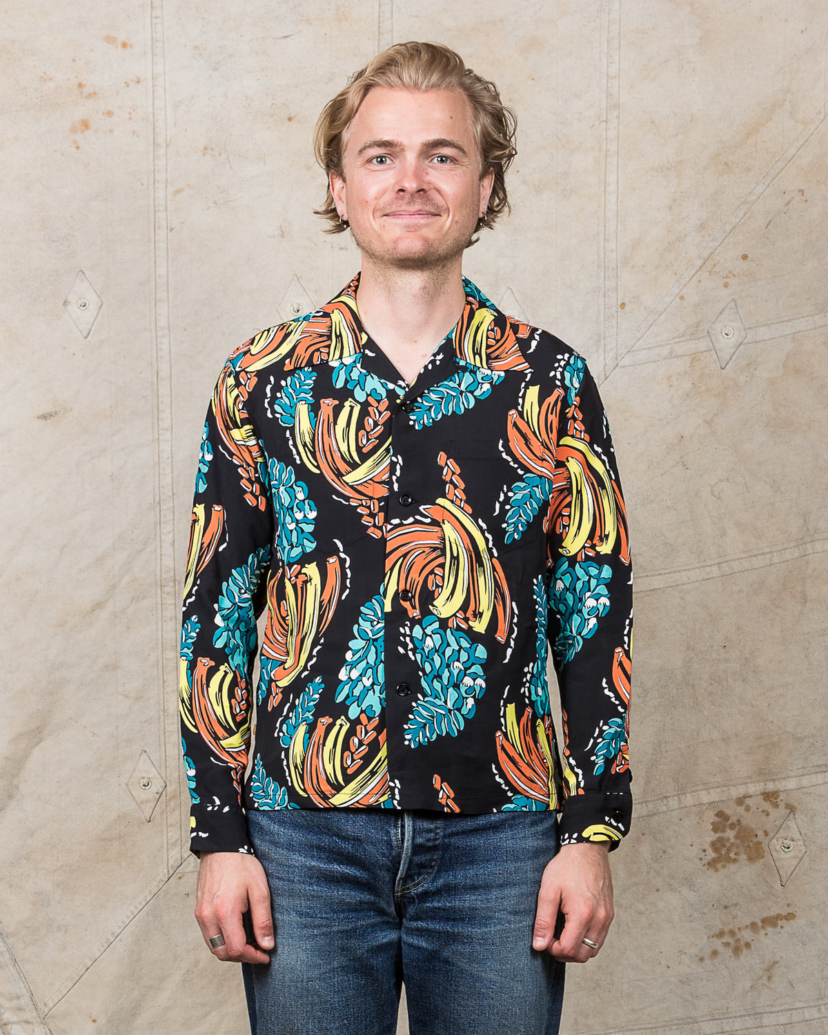 Sun Surf Rayon Long Sleeved Hawaiian Shirt Banana Harvest Black