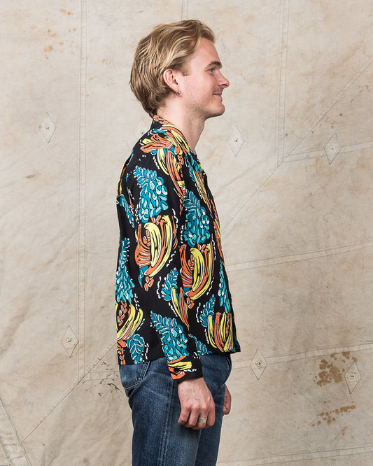 Sun Surf Rayon Long Sleeved Hawaiian Shirt Banana Harvest Black