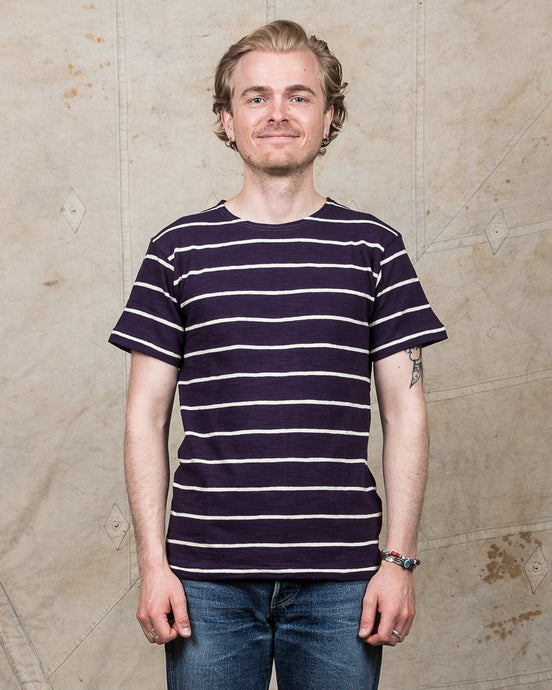 Warehouse & Co. Lot 4087 Short Sleeved Stripe T-shirt Egg Plant / Off White