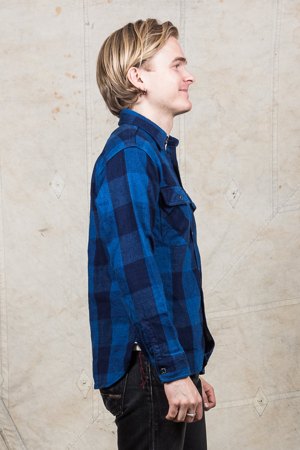 Sugar Cane & Co Fiction Romance Indigo Dyed Buffalo Check Flannel Shirt