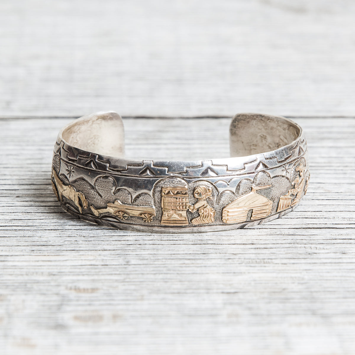Vintage TA Begay Storyteller Bracelet Sterling Silver & 12K Gold