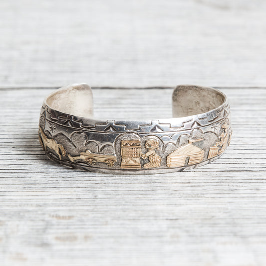 Vintage TA Begay Storyteller Bracelet Sterling Silver & 12K Gold