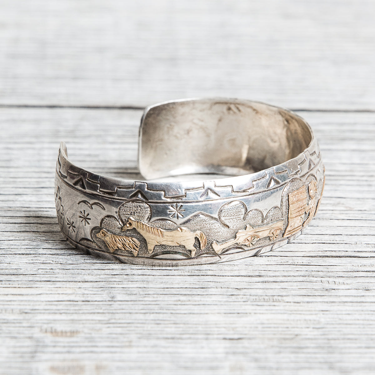 Vintage TA Begay Storyteller Bracelet Sterling Silver & 12K Gold