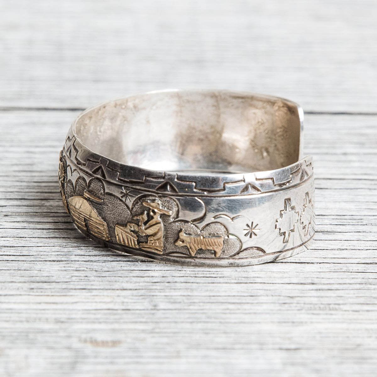 Vintage TA Begay Storyteller Bracelet Sterling Silver & 12K Gold