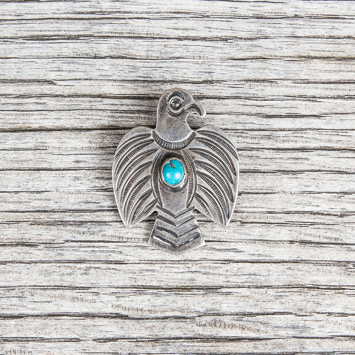 Vintage Navajo Thunderbird Turquoise Silver Brooch