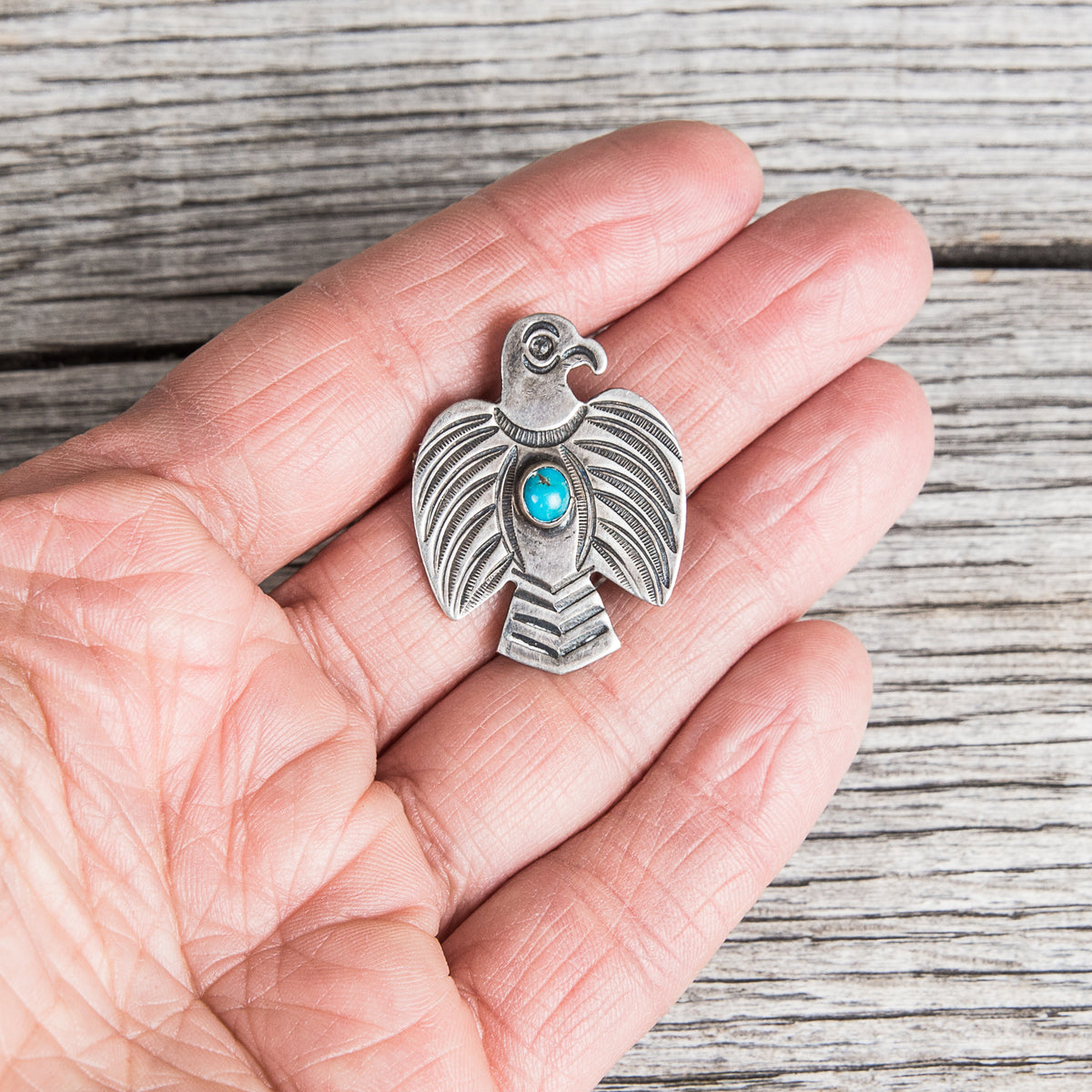 Vintage Navajo Thunderbird Turquoise Silver Brooch
