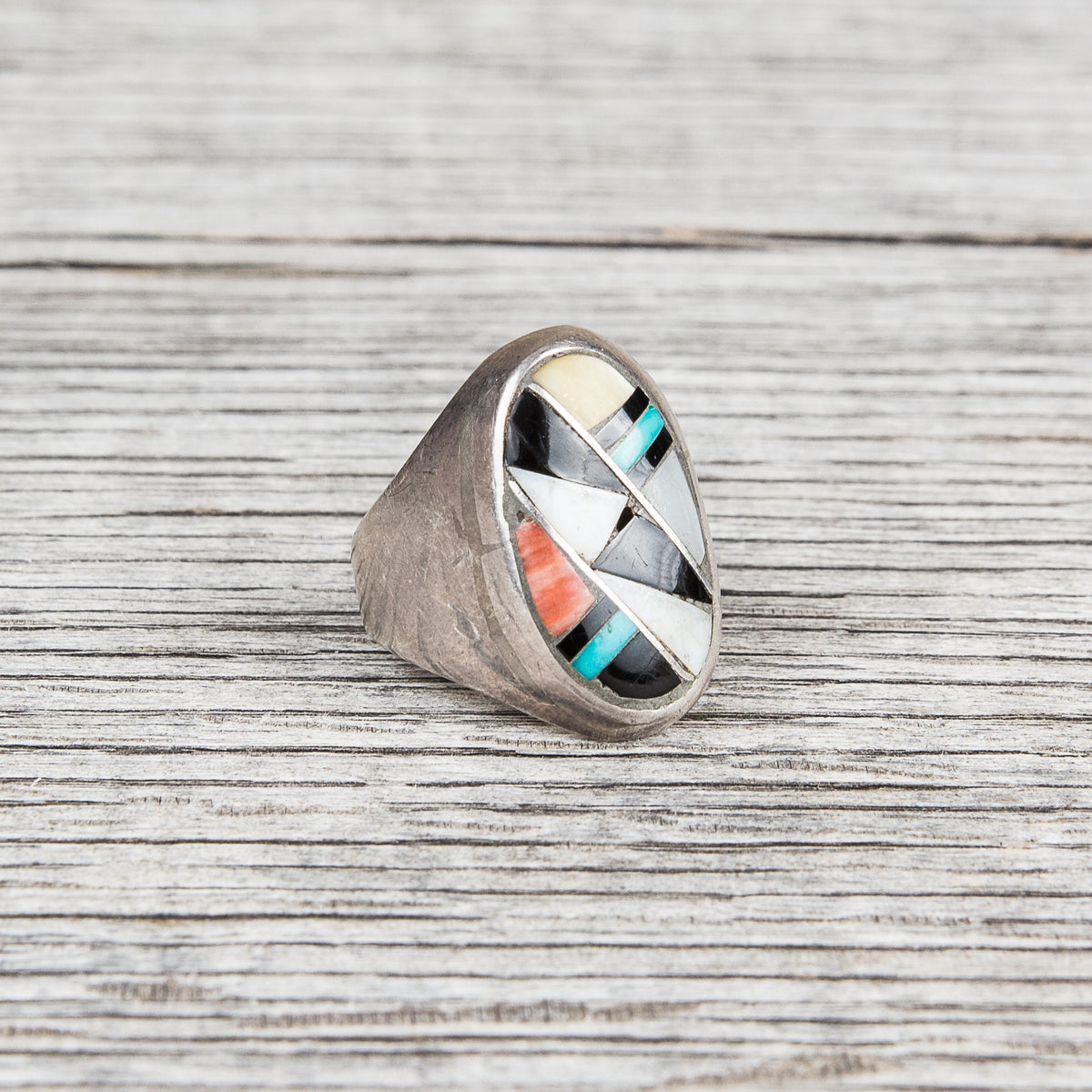 Vintage Zuni Inlaid Turquoise Oval Silver Ring No. 2